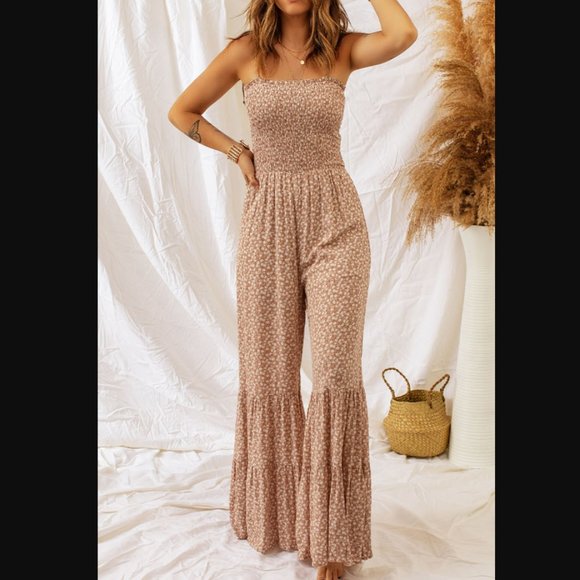 Floral Spaghetti Strap Smocked Wide Leg Jumpsuit